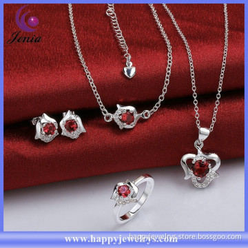 Heart design red zircon stone four piece set 925 silver plated crystal jewelry set ( SPCS781-A)